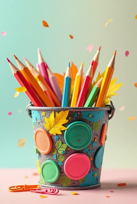 Image of a bucket decorated with recycled materials and filled with school supplies such as paperclips, pencils, colored leaves, etc