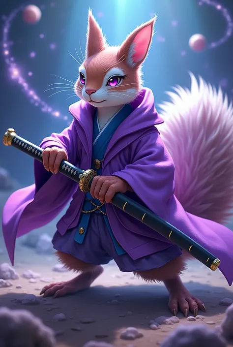 A buff squirrel wearing a purple moon haori from the anime Kimetsu no Yaiba and holding a sharp katana with eyes