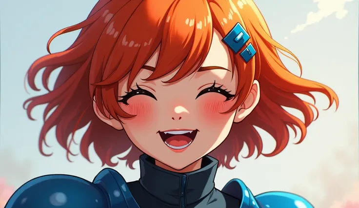 Masterpiece, best quality, Gwendolyn_tennyson, short orange hair, sideswept bangs, blue hairclip, laughing, blue body armor