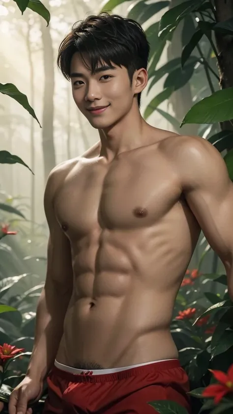 1 Chinese young man, smiling slightly, handsome and cute, taking off his shirt, wearing only red underwear, in the forest, colorful flowers, fog, light through the leaves, beautiful, bright colors, very high-definition real picture, UHD quality, highest re...