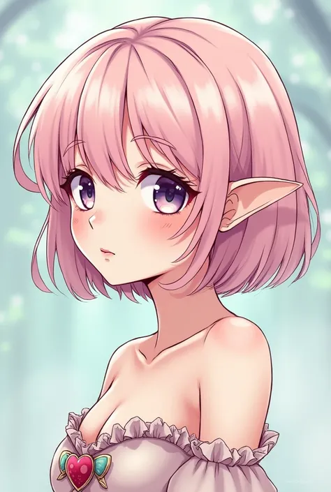  elf girl with pastel pink hair and short meduza style cut, that their elf ears are not too big but rather soft, face like manwha or anime, that it looks very drawn and not real, pink eyes, with a beautiful dress and barefoot