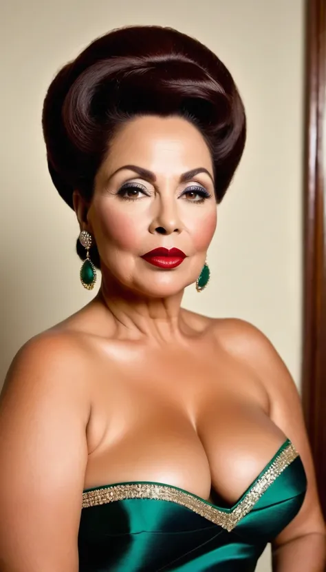 a photo of a hyper curvy ultra elegant argentinian zambian mature woman, meaty lips, makeup, 1960s