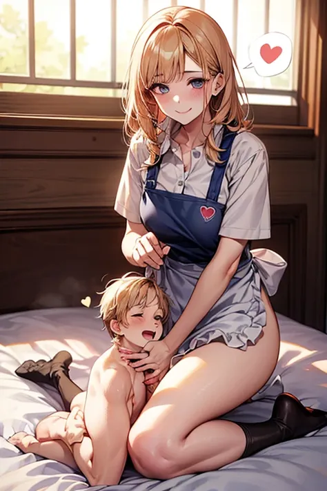 nsfw,(Mother),日本の家庭的なMother,Smiling Kindly, ((mother and son)), 1boy,size difference,shota, Bedroom,apron,blouse,Naked Boy,(handjob:1.5),spoken heart,erection