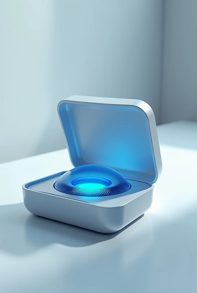 Contact lenses in a box on a table and the lenses have to look like they are high technology and the pupil color is blue and it has to look as much like a human eye as possible 