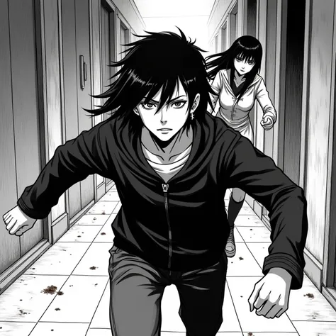 a character with long hair, shaved on the sides, and a cross earring, a line in the eyebrow, (many details), manga, running from a woman, with long black hair, bangs, black eyes, Chinese clothing manga perspective, front view, manga panel, (HD), maximum de...