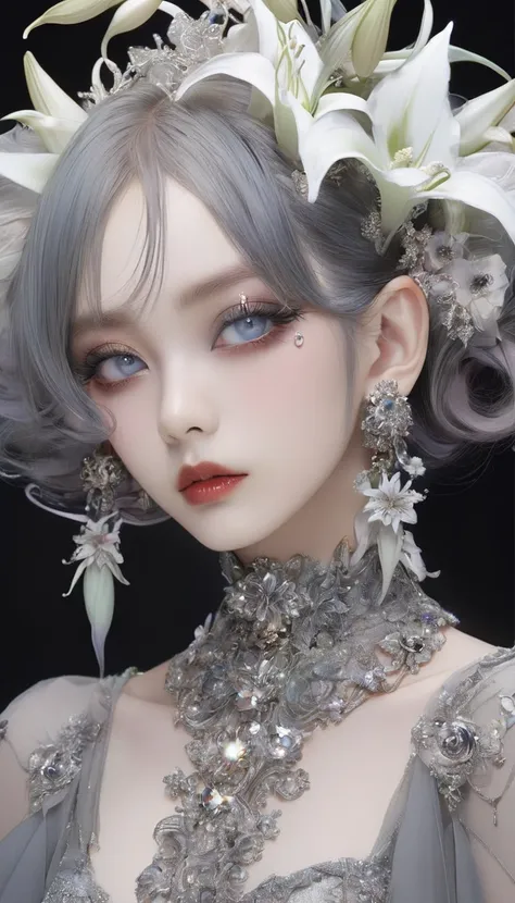 One of them was wearing a silver dress、Close up of woman with flowers in hair, Big earrings and queer make up, Ethereal beauty, Fairy Eyes, Giant earrings, Exquisite and sexy makeup, 2020 fashion, Big earrings, Big earrings, Fairy Tale Core, Ethereal!!! Su...