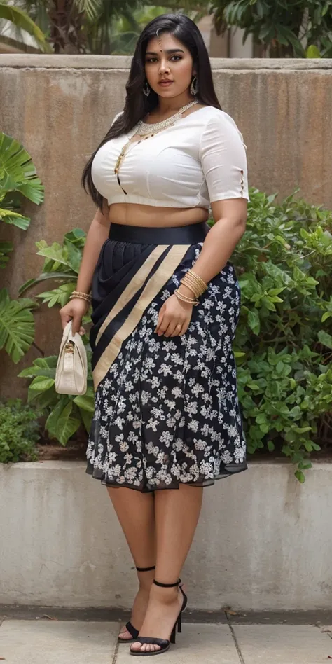 Plus sized Indian bbw woman, wearing her silky chiffon off white colour short skirt with embroidery and and black blouse in bangles, full body image 