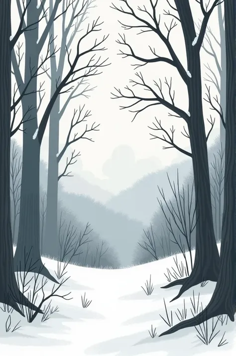 Winter illustration in a forest in grayscale easy 