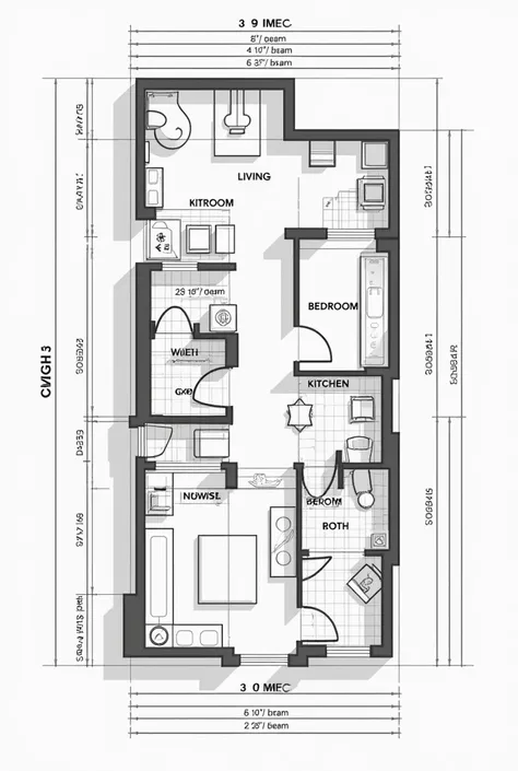 Draw a construction plan for a residential apartment with an area of 7 meters wide and 7 meters long, indicating the dimensions. 