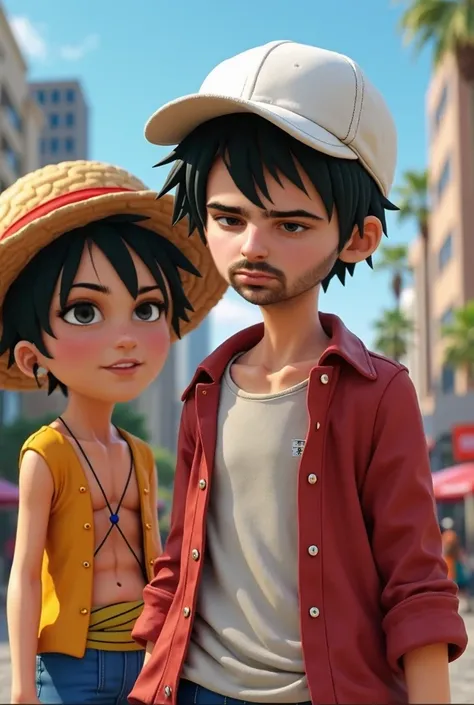 A realistic person with a white New Era cap from Los Angeles, Next to it is the animated character Luffy from One Piece