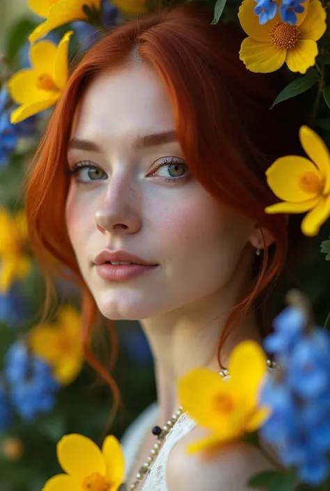 Woman with dark red hair, surrounded by yellow and blue flowers, close up on natural beauty, your outgoing and shy smile. 