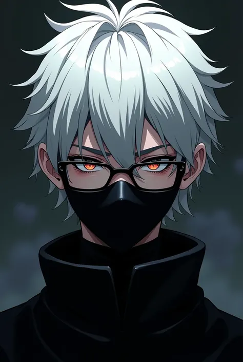 An anime character with savage glasses and a mask with white hair and black clothes.