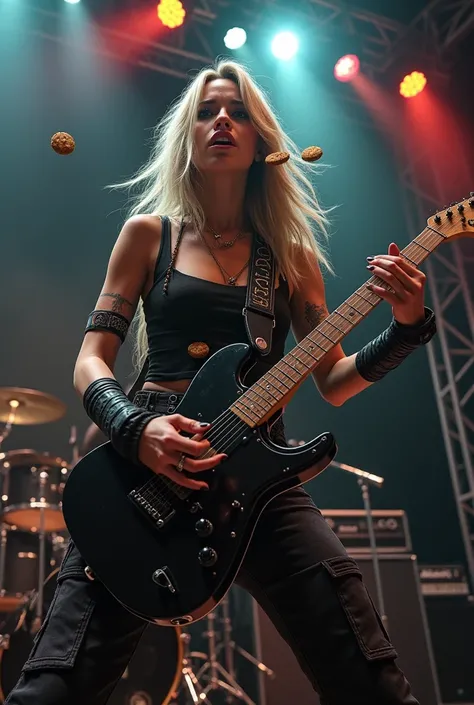 A female heavy metal rocker with guitar and eating cookies; Scenario (a stage with a drum kit and other musical instruments)