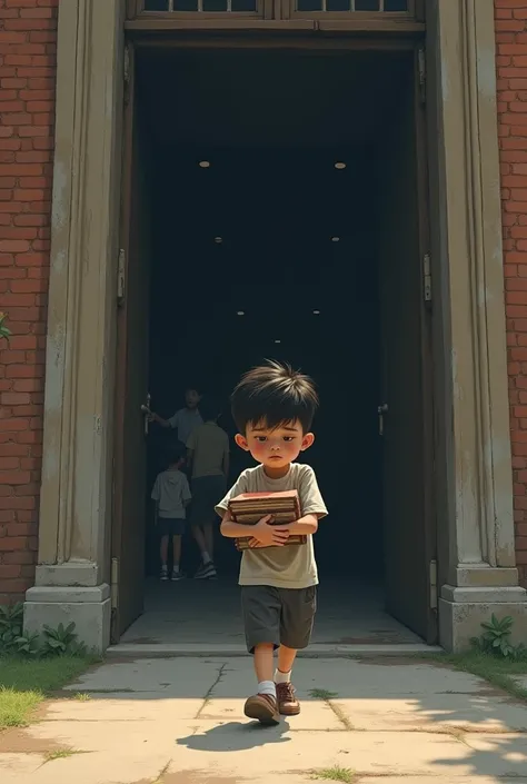 The boy, looking small and nervous, stepping inside the large school building, holding his books close, yet filled with determination.