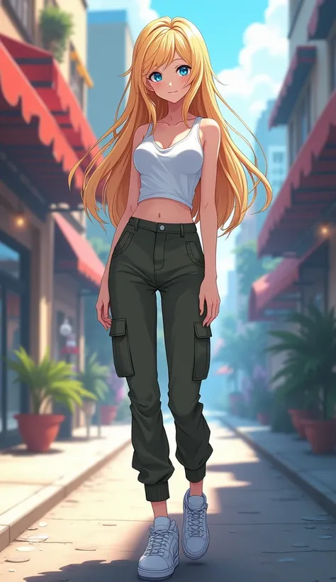 "Illustrate a beautiful 1 girl in an anime style. She has long, flowing blonde hair and bright blue eyes. Her figure is slender, and she exudes a stylish vibe. She is wearing trendy cargo pants along with a fashionable white top. On her feet, she wears whi...