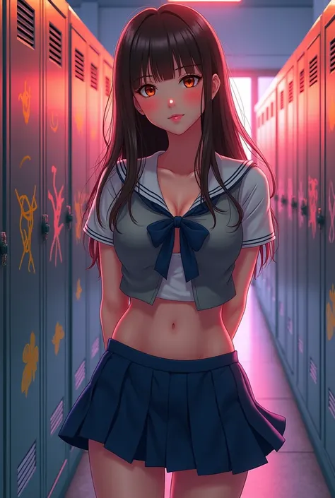 One girl、Excellent anatomy, masterpiece, Highest quality,Realistic, hyperRealistic, 16k hdr,(((skirt lift))),NSFW、White short sleeve shirt、Blue ribbon、Navy blue pleated skirt、Grey vest、Long Hair、Straight Hair、bangs、freckles、Brown Hair、high school girl、Whit...