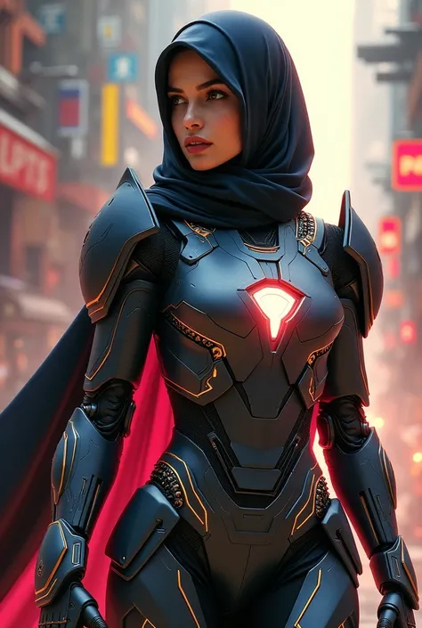 a beautiful hijab-wearing woman, highly detailed, wearing a gundam mech suit with iron man style armor, sharp curvy body, dynamic pose, photorealistic, cinematic lighting, vibrant colors, digital painting art