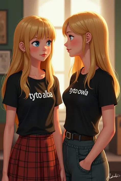 teenage woman,  blue colored eyes,  long straight blonde hair bangs,  wearing a black owl t-shirt with the word tyto alba and a plaid skirt,  talking to his blonde aunt Billieeilish 