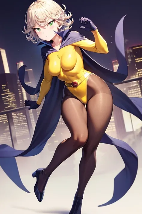 Masterpiece, best quality, ultra detailed, illustration, lighting epic, cinematic composition, 1 girl, Tatsumaki, short hair, medium breasts, green eyes, bright eyes, pouting, blushing, closed mouth, piercing gaze, full body, Hands with yellow stars, Yello...