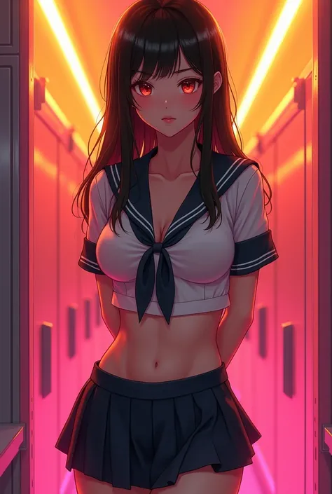 One girl、Excellent anatomy, masterpiece, Highest quality,Realistic, hyperRealistic, 16k hdr,(((skirt lift))),NSFW、Long Hair、Straight Hair、bangs、freckles、high school girl、Slender、Slender body、In the locker room, asian high school girl, huge breasts, cleavag...