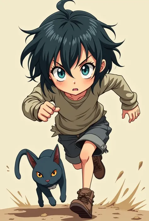 1 teen girl, , cat race, wary personality, short hair, (black hair:1.2), messy hair (1.3), asymmetrical hair (1.3), clothes dirty rags, average body type, thin face, hungry eyes, blue eyes,
BREAK
Flat, high-quality illustration style, anime
BREAK
No backgr...