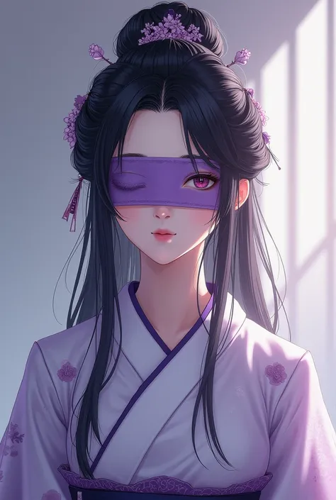 I want a Japanese female character with half up half down hairstyle, with a purple blindfold on and eyebrows covered, and a Japanese princess attire,with smile 