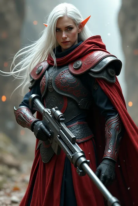 The character has long white hair, wears a red and black armor that is very striking. In addition, he also holds a large gun with a futuristic design, looking high-tech or magical. The character has long ears similar to elves ears, wears a long, flowing cl...