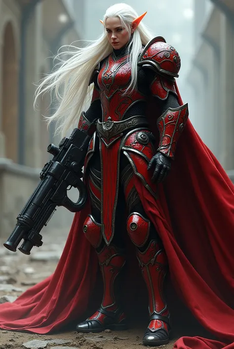 The character has long white hair, wears a red and black armor that is very striking. In addition, he also holds a large gun with a futuristic design, looking high-tech or magical. The character has long ears similar to elves ears, wears a long, flowing cl...