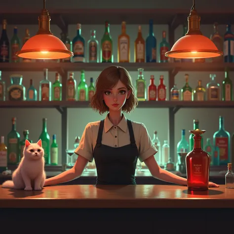 Alone, High resolution, bartender, in a bar with strange bottles, high, light brown hair, with a cupcake-colored cat on the bar, 