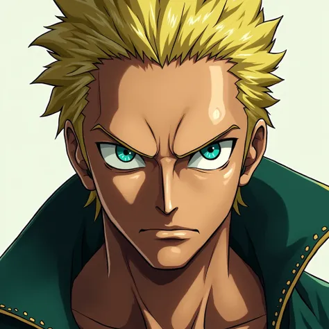 Zoro from One Piece is blond and has a cyan left eye and a light green right eye with a serious face 