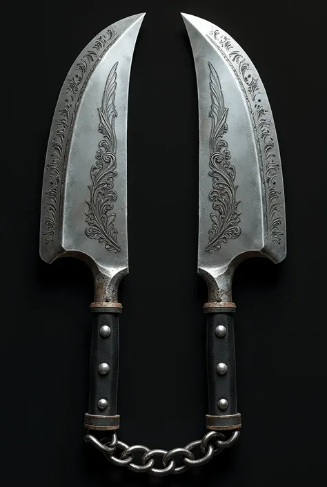 Design a pair of kitchen cleaver that are connected by a sturdy, dark metal chain. The kitchen cleaver should have sharp, broad blades, with intricate engravings along the edges, giving them a menacing yet elegant look. The handles should be made of black ...