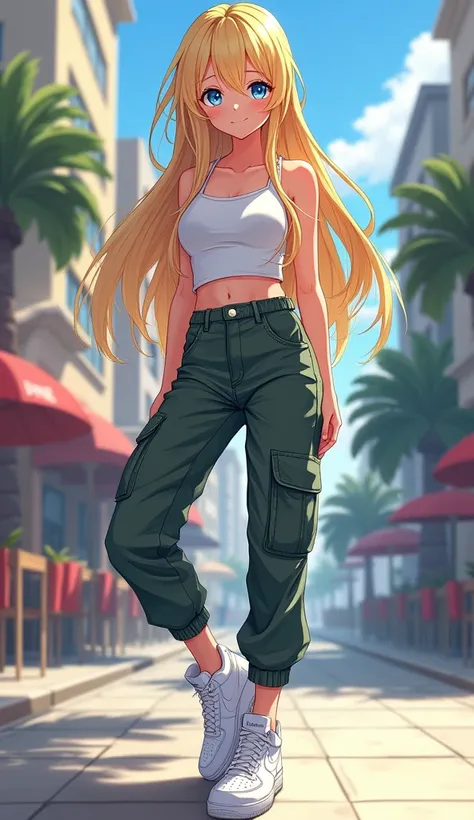 "Illustrate a beautiful 1 girl in an anime style, facing the camera with her gaze directly centered. She has long, flowing blonde hair and bright blue eyes. Her figure is slender, and she exudes a stylish vibe. She is wearing trendy cargo pants that fall g...