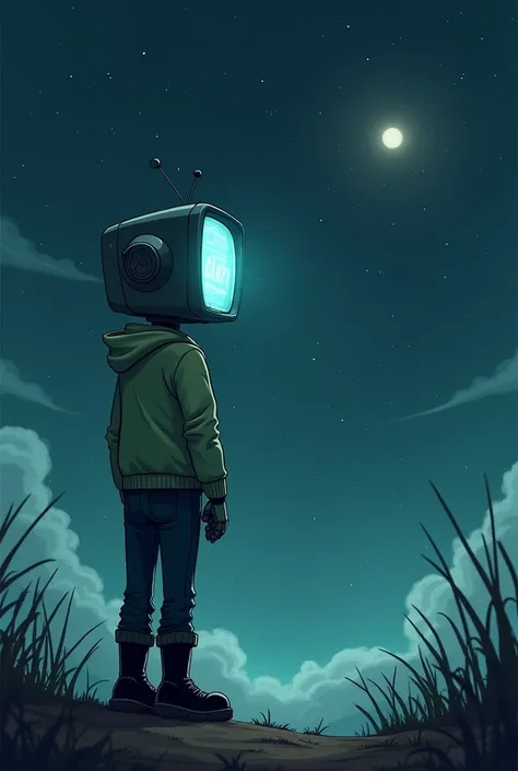 A Gentle Giant toon with a small tv for a head, having the Tv screen showing static. Wearing a  light Green Jacket and Black Jeans with black boots  as hes looking into the deep sky in a very dark yet dimly lit area. Theyre not a human but a robot.