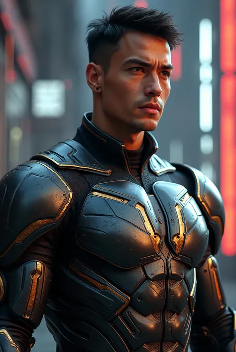 A superhero with realistic metal armor, black colors, silver and gold, without mask., realistic detailed face, Incredibly detailed skin, 8K high quality, cinematographic sci-fi background, dramatic lighting, detailed musculatureof pectoral defineed , dynam...