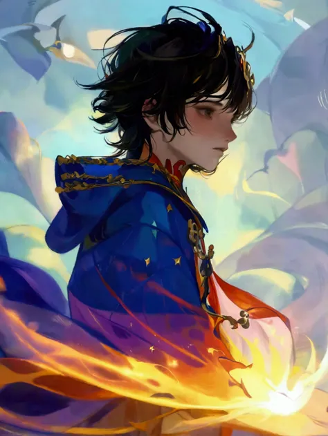  Sixteen year old boy, wearing mage robe, releasing wind magic, cool pose, neck-length black-brown hair