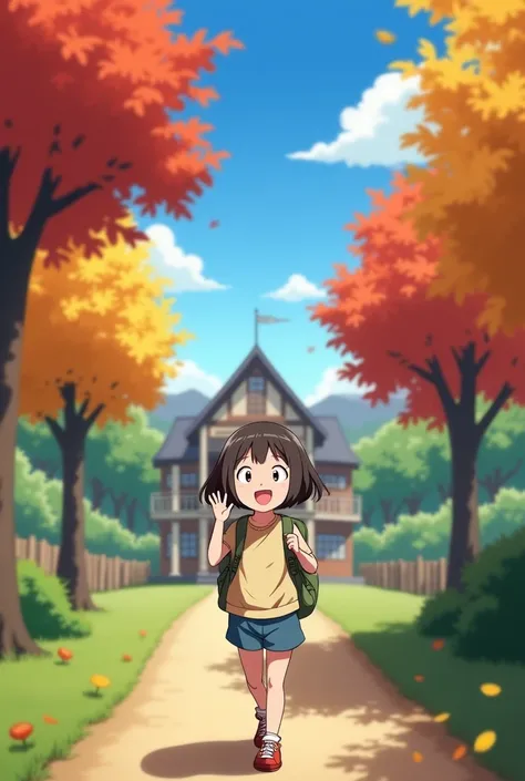 Ghibli style,A   with a big smile, wearing a backpack,Tree-lined path leading to a whimsical, welcoming school building,Trees with leaves in vibrant autumn colors: red, orange, yellow, and some remaining green,Bright blue sky with a few fluffy white clouds...