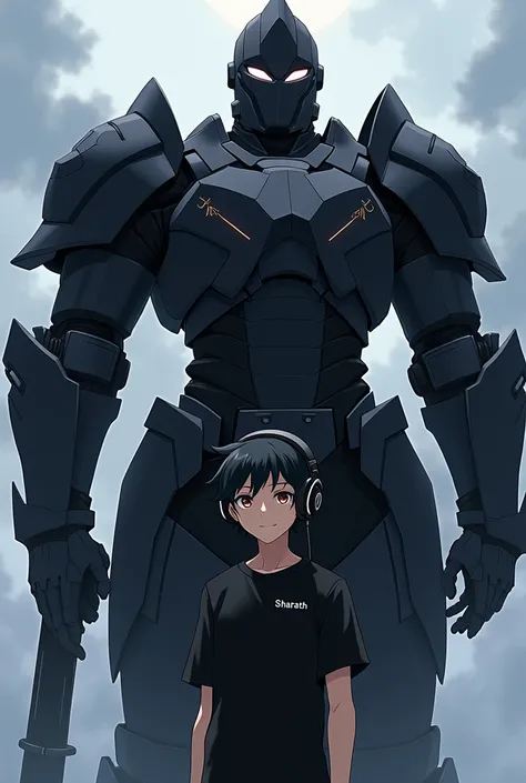 A 20 year old boy with a calm mind and wearing headphone and write SHARATH on black t shirt and in his background create a big knight wearing a black armour and write ARMOUR on armour chestplate and cyberpunk in anime virsion