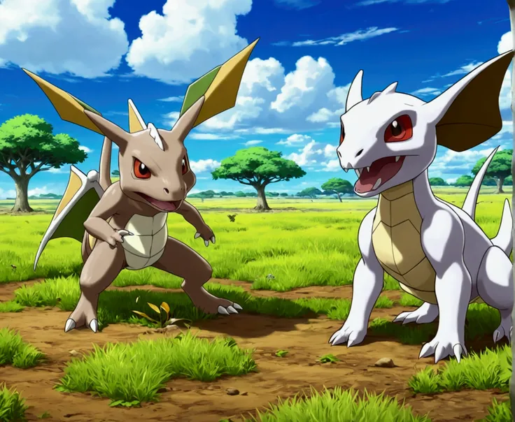 Pokemon, a cubone is doing battle with a scyther, intense battle, plains of africa, trainers watch and cheer
