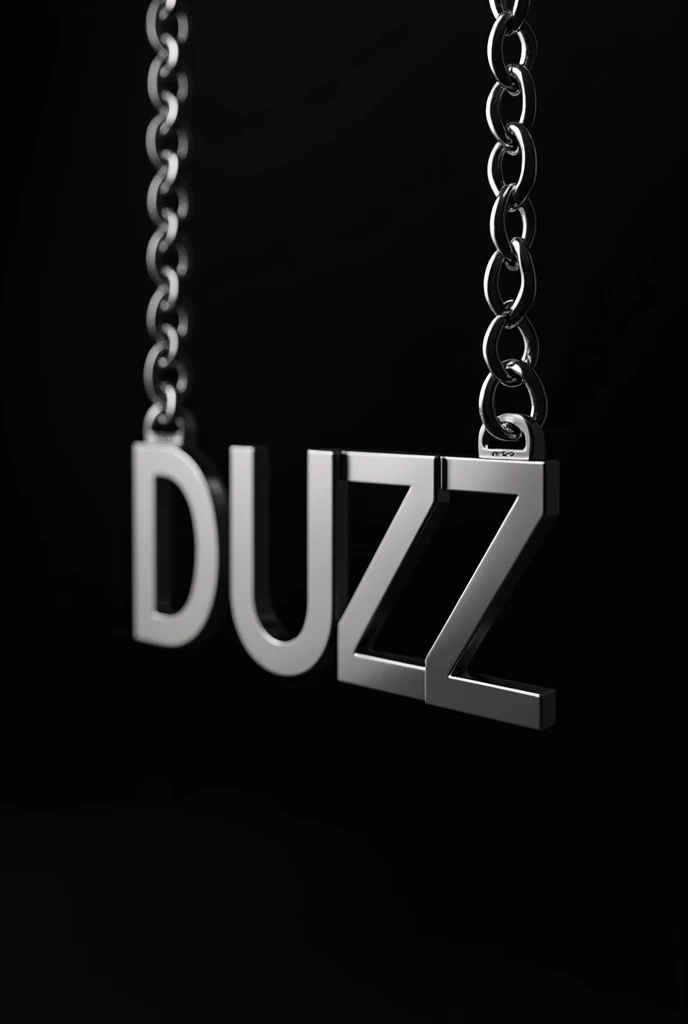 On a black background, a silver groumet chain with a pendant written "DUZZ" in capital letters