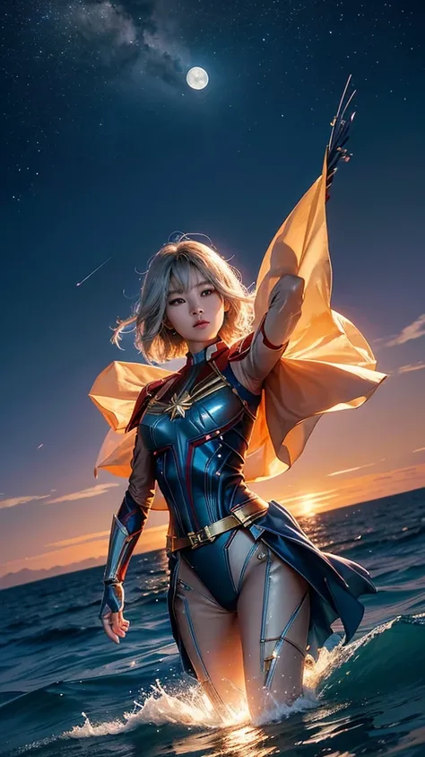 A captivating Korean woman in a Cancer-themed Captain Marvel costume, with silver armor shaped like crab claws and glowing blue accents. She floats over a futuristic ocean at sunset, the water beneath her illuminated by the soft glow of the moon."