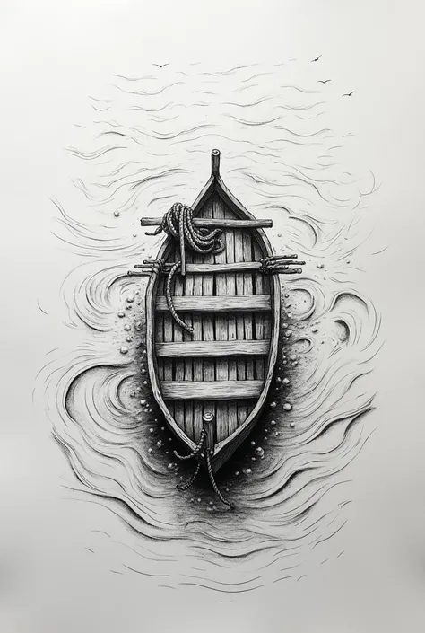 Handmade drawing of a raft in the sea in a black and white aerial view.
