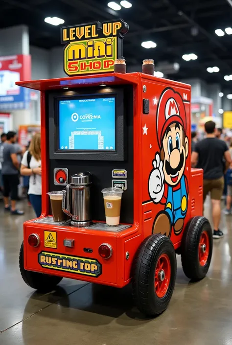 Give me a mobile coffee maker the name of the coffee shop is LEVEL UP (mini shop) that it is at a video game or anime convention but that the mobile coffee maker is video game themed(It highlights a little more the video games like Mario , etc) and anime b...