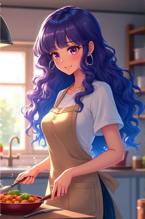 Young woman with long curly bicolor purple and blue hair, wearing an apron and cooking anime style 