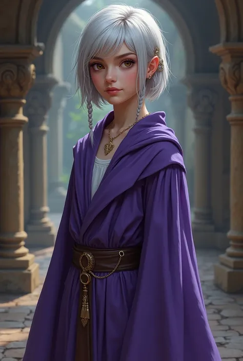 realistic, best quality, masterpiece, detailed, perfect face, fantasy, medieval, girl, young, adolescent, teenager, fair skin, silver hair, short hair, side-braids, brown eyes, sorceress, sorceress robes, purple robes, long sleeved robes, short sature, ful...