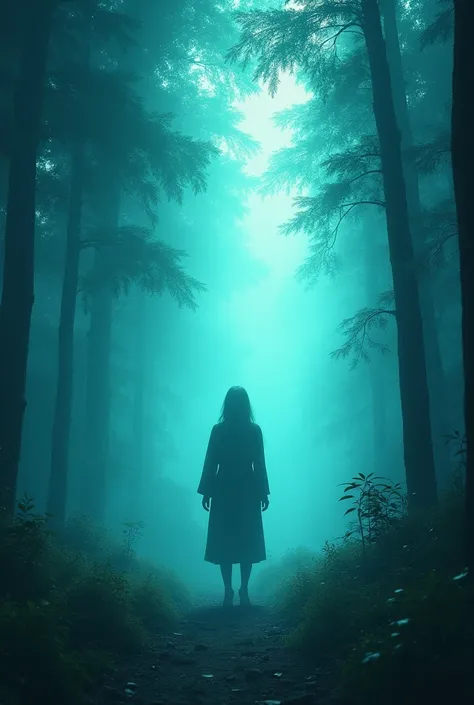 Person disappearing from a blue forest 