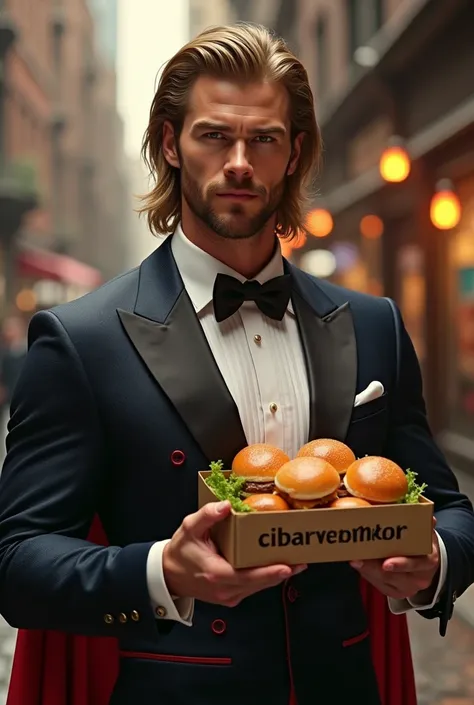 Chris Hemsworth, Wearing Elegant Superman suit, long blonde hair, flirting while holding a box of burger with writting "Cibarengkok"