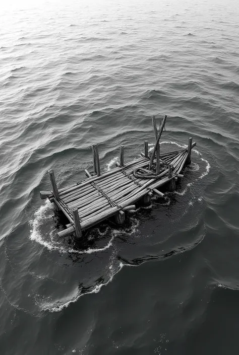 Hand drawing of a raft in the sea in a black and white aerial view.
