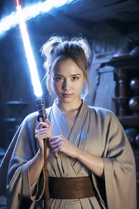 star wars, jedi master, woman, beauty, cute face, , wearing a jedi robe, lightsaber in hand, the blade burns blue, jedi temple