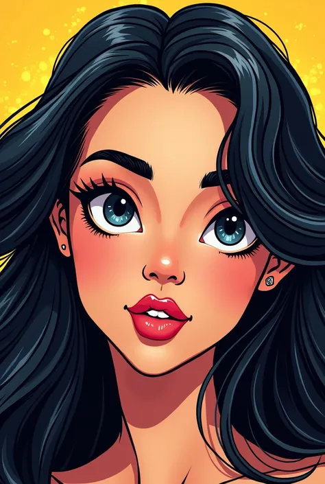 Create a white girl with long black curly hair, round black eyes with long eyelashes and round lips in comic style