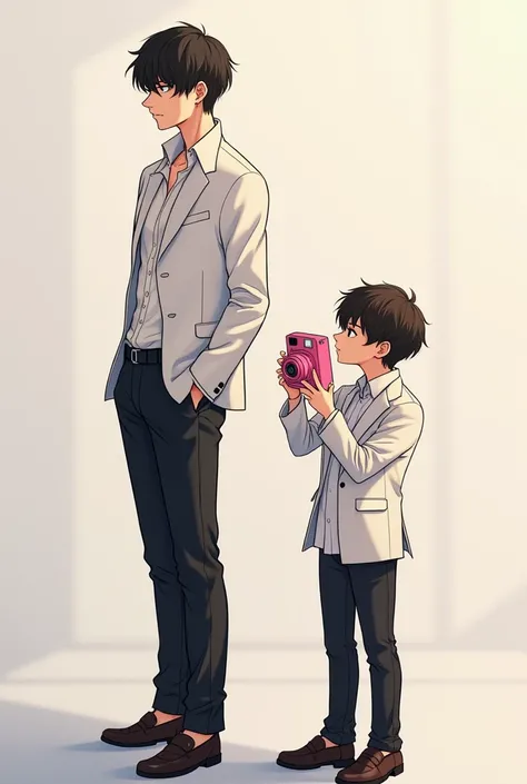 BL drawing of two sexy and adult boys drawn in manhwa style next to each other, one sexier and taller and the other shorter and tender boy taking a polaroid with a pink camera.. Korean manhwa style characters with pale skin. 